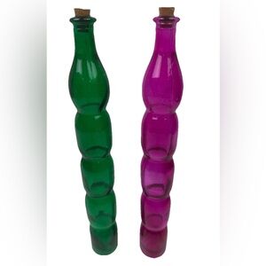 PSA Glass Pair Pink Green Bottle Vase 12.5"MCM Stacked Controlled Bubble W/Corks